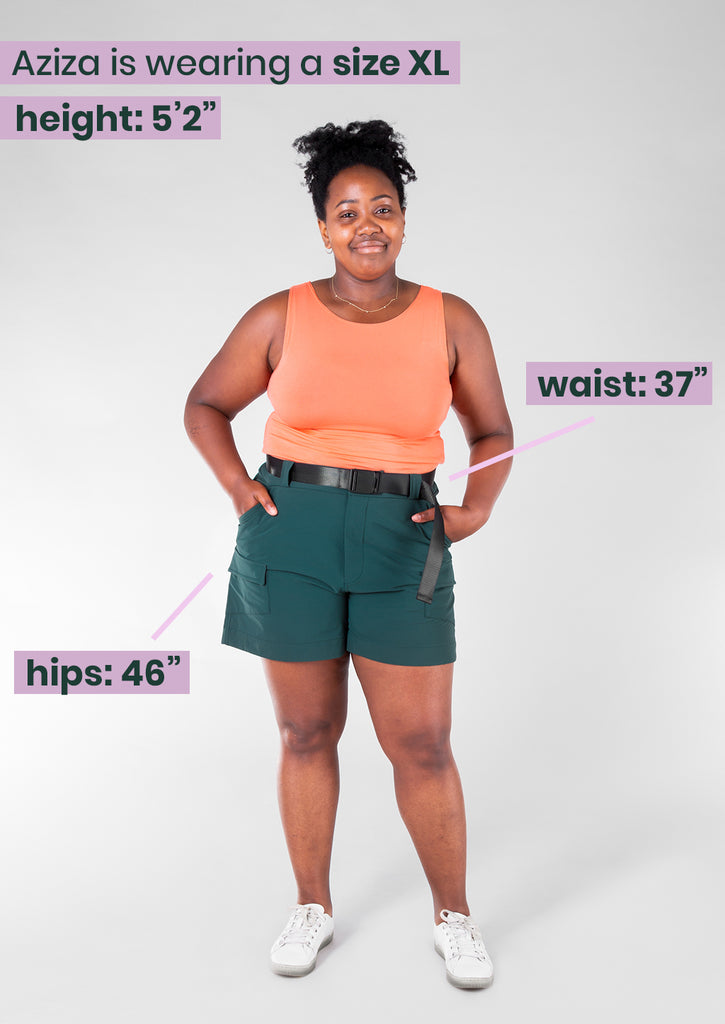 XL model in take a hike shorts