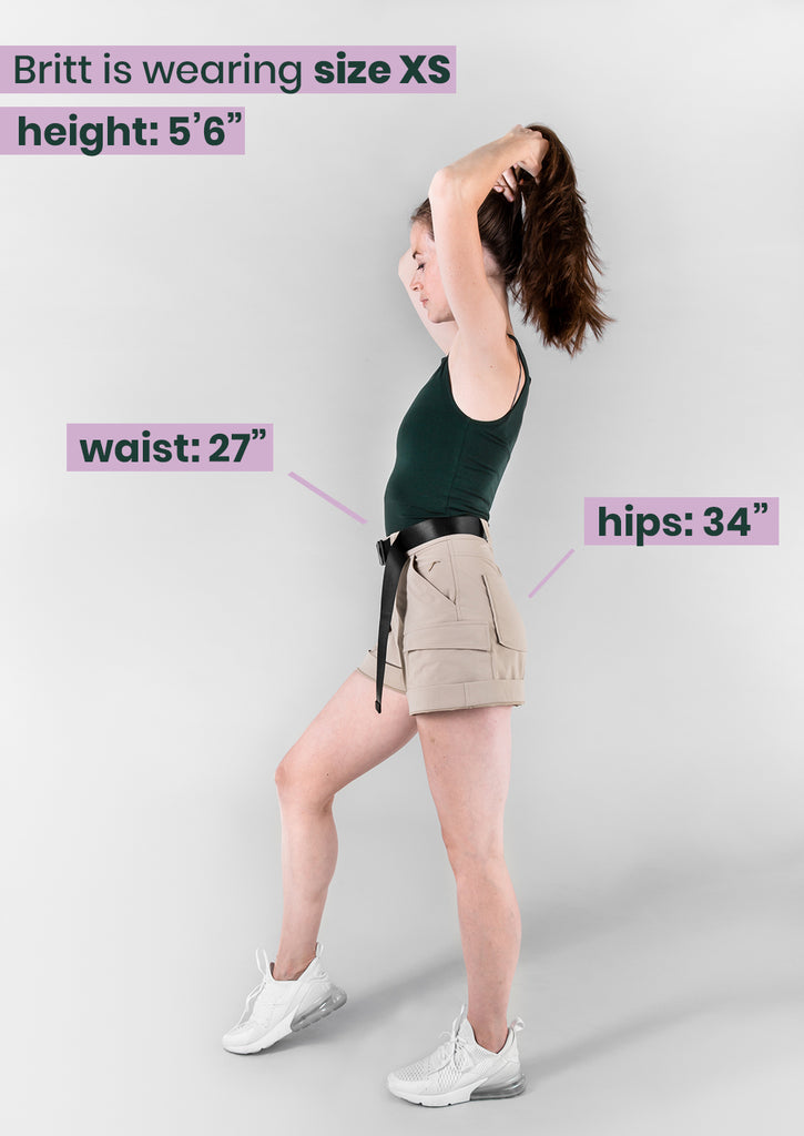 XS model in take a hike shorts