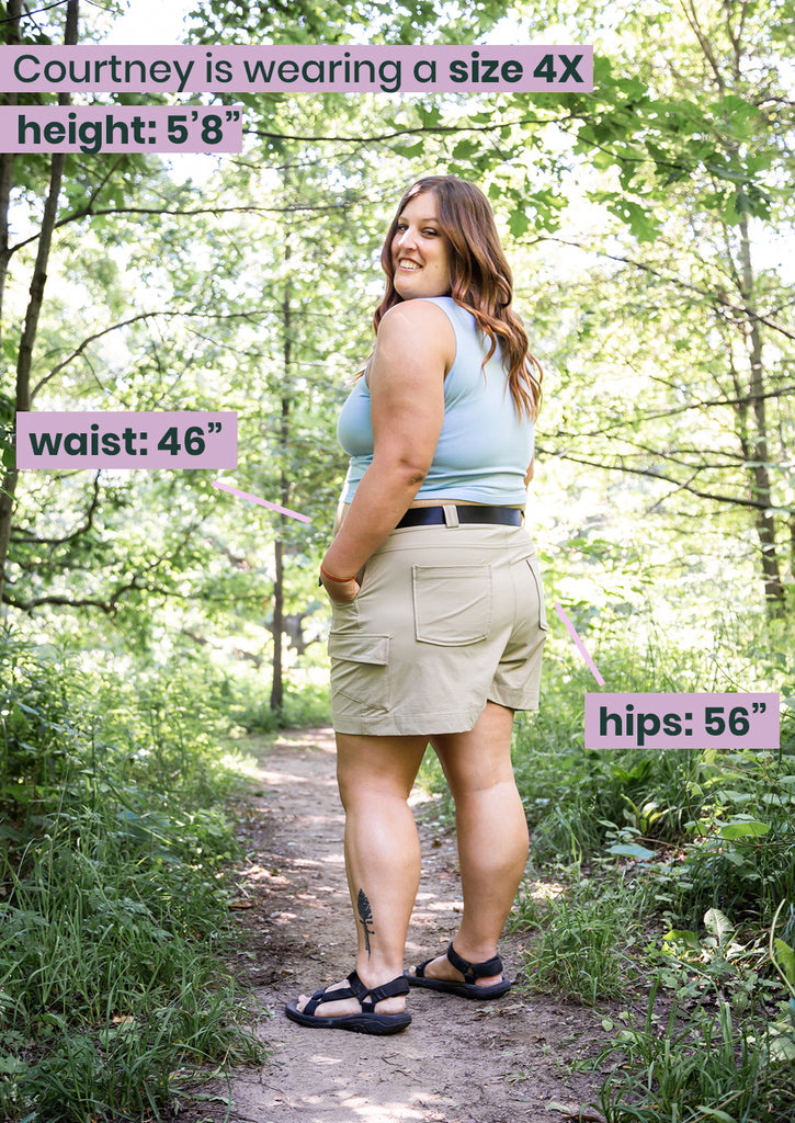 4X model outdoors in the take a hike shorts