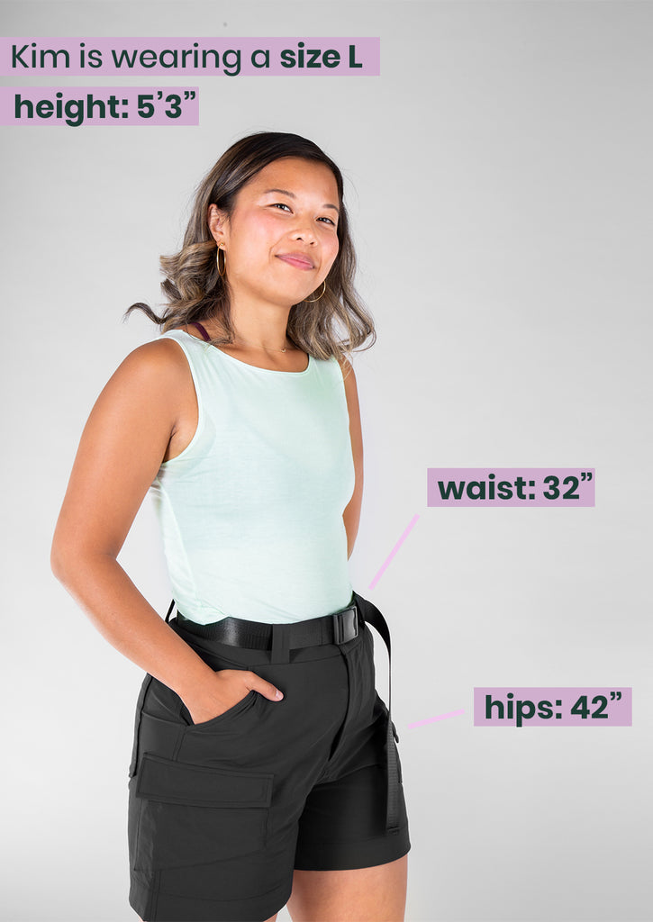 L model in take a hike shorts