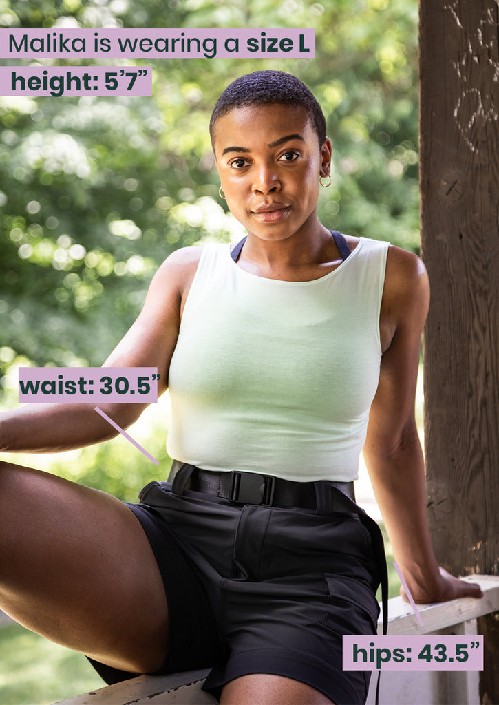L model outdoor in the take a hike shorts