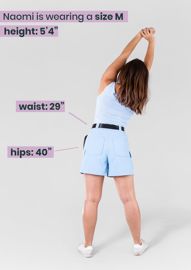 M model in take a hike shorts