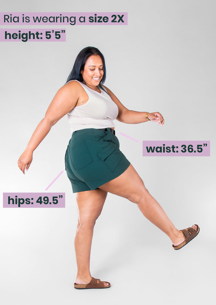 2X model in take a hike shorts