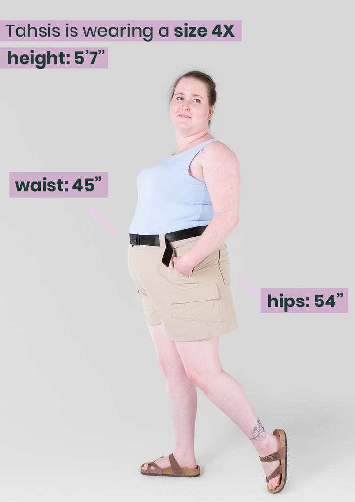 4X model in take a hike shorts